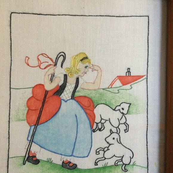 Little Bo-Peep lost her sheep fabric embroidery handcraft  wood frame small dec - Picture 2 of 5